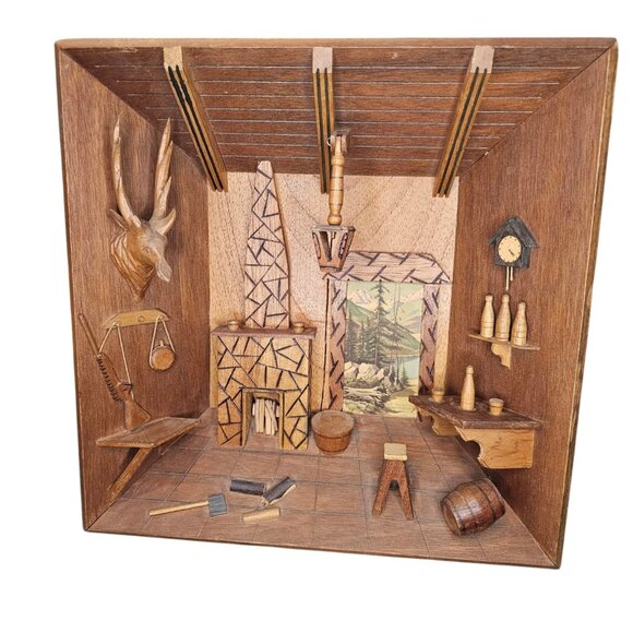 Vintage Wood Carved Lodge Cabin 3D Scene Hunting Mancave 12x12 Wall Art‎ Brown